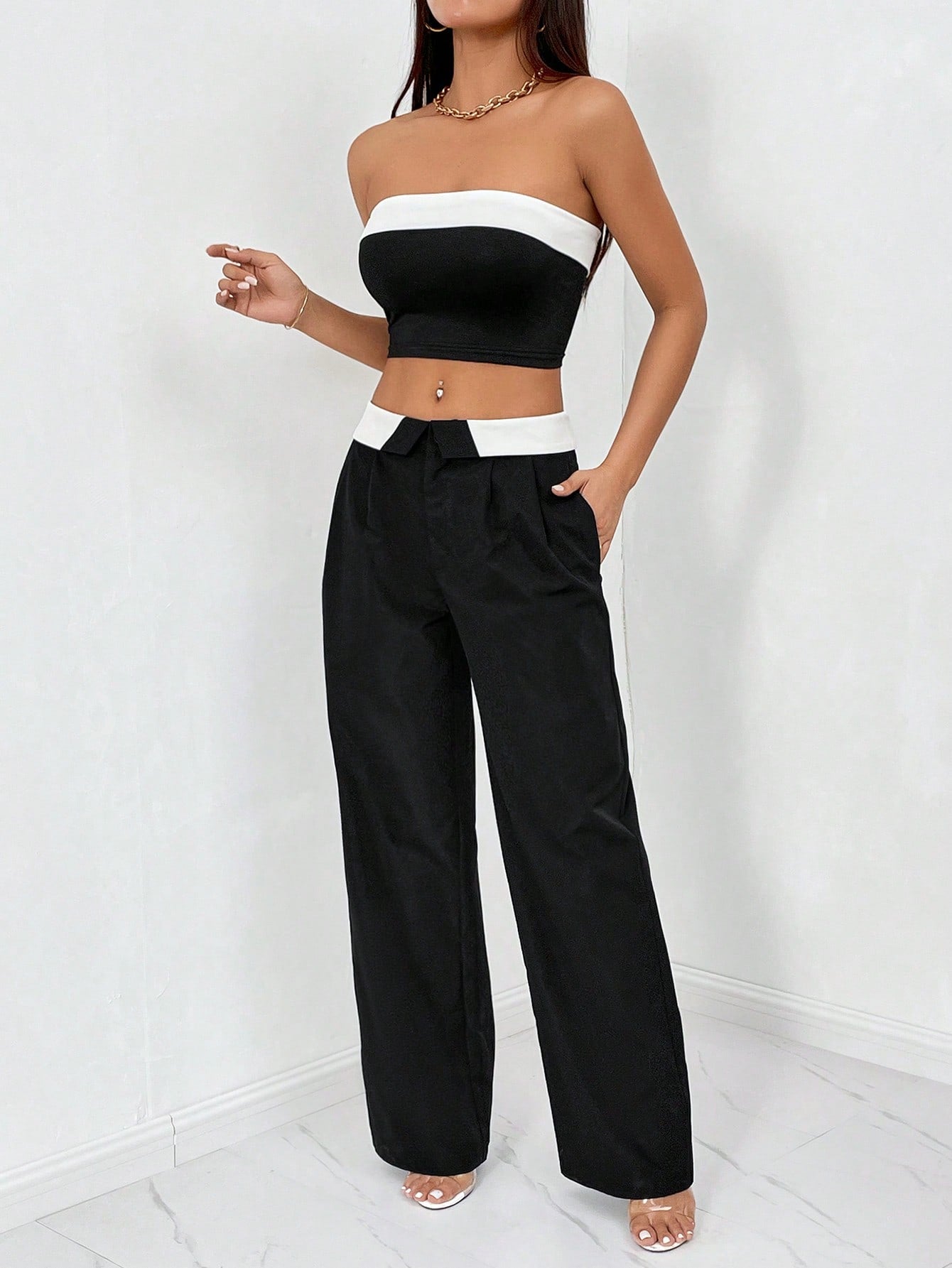 Colorblock Tube Top & Wide Leg Pants